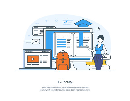 E-library, media book, e-book, digital online education concept. E-learning, home schooling, web course, tutorial. Literature, science and digital culture thin line design of vector doodlesのイラスト素材