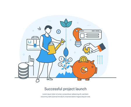 Successful project launch, new idea development, goal achievement concept. Entrepreneurship, business project startup, launch new innovation product launch thin line design of vector doodlesのイラスト素材