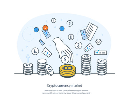 Cryptocurrency marketplace, online trading on virtual crypto market platform. Bitcoin, digital currencies exchange, trading. Cryptocurrency market, e-money transfer thin line design of vector doodlesのイラスト素材
