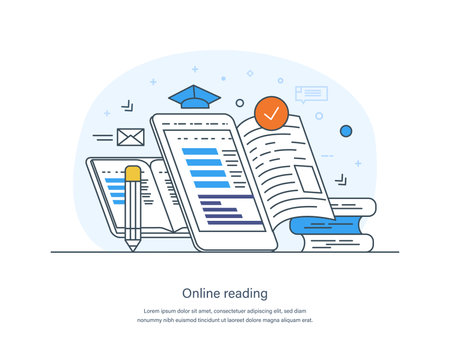 E-library, online reading, e-book, digital online education concept. E-learning, home schooling, web course, tutorial. Literature, science and digital culture thin line design of vector doodlesのイラスト素材
