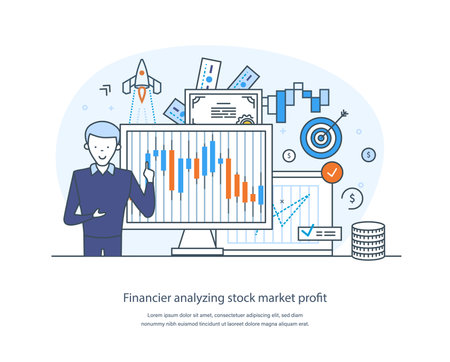 Professional trader analyzing stock market profit. Businessman buying, selling shares of company for profit. Global stock market index, forex trading strategy thin line design of vector doodlesのイラスト素材