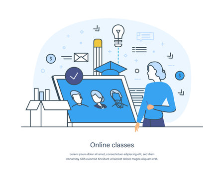 E-library, media book, e-book, digital online education concept. E-learning, home schooling, web course, tutorial. Literature, science and digital culture thin line design of vector doodlesのイラスト素材