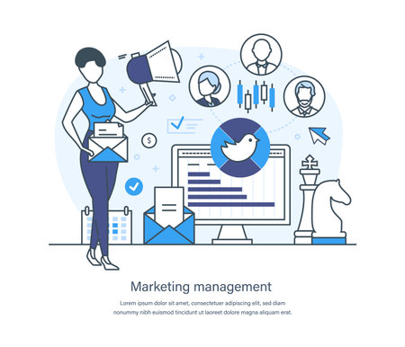Marketing management, social media, customer service business strategy concept. Business analysis, digital marketing technologies, seo, content strategy and management thin line design of vector doodlesのイラスト素材