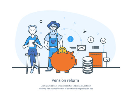 Pension reform, fund program, retirement investment and planning of future savings. Superannuation, retirement, senior life. People investing money in pension fund thin line design of vector doodlesのイラスト素材