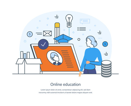 E-library, media book, e-book, digital online education concept. E-learning, home schooling, web course, tutorial. Literature, science and digital culture thin line design of vector doodlesのイラスト素材