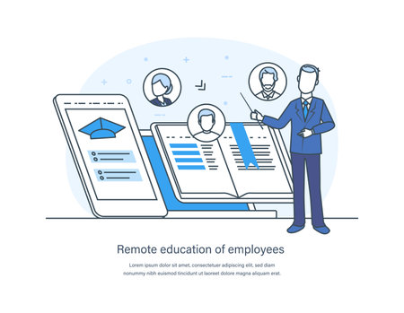 Remote education of employees, online training course, e-learning. Staff training, retraining, specialization, skills enhancement, upskilling qualification thin line design of vector doodlesのイラスト素材