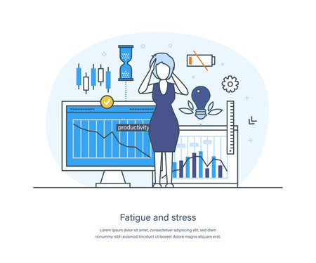Fatigue and stress, professional or emotional burnout, tiredness, mental health problems. Stressed, exhausted businesswoman clasping her head feeling stress at work thin line design of vector doodlesのイラスト素材