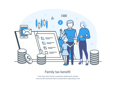 Family tax benefit, money support for raising children and insurance. Social security benefits, child care experience deduction, care tax credit, tax deduction thin line design of vector doodlesのイラスト素材