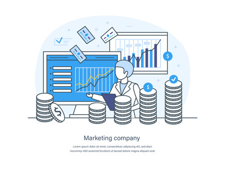 Marketing company, social media, customer service business strategy concept. Business analysis, digital marketing technologies, seo, content strategy and management thin line design of vector doodlesのイラスト素材