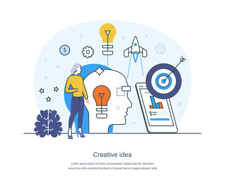 Creative idea, mind, thinking, technology and education concept. Creative solutions, inspiration, imagination, brainstorming, innovation, discovery and research thin line design of vector doodlesのイラスト素材