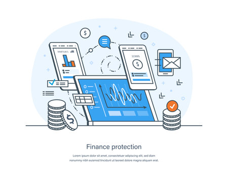 Finance protection, guarantee payments, cash deposits and money transfers security. Financial analysis, business resilient to survive difficulty, insurance concept thin line design of vector doodlesのイラスト素材