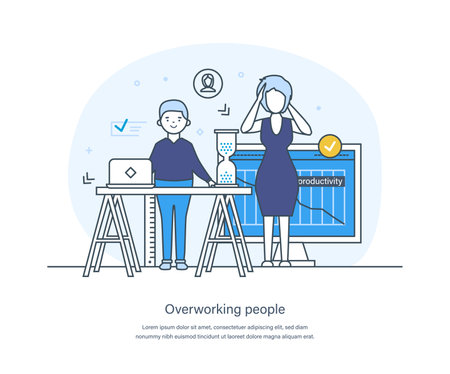 Overworking people, professional burnout syndrome, overload, deadline concept. Frustrated depressed businesswoman and happy energetic businessman working in office thin line design of vector doodlesのイラスト素材