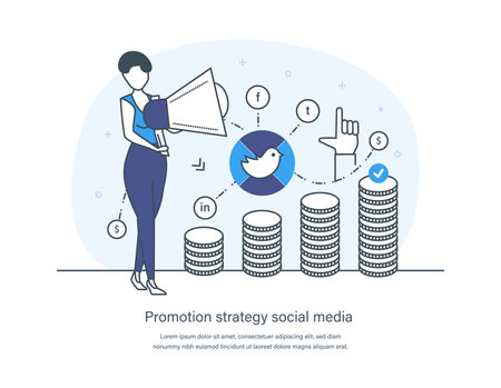 Promotional strategy social media, business digital marketing concept. Search and attraction of target audience. Network communication, internet advertising campaign thin line design of vector doodlesのイラスト素材