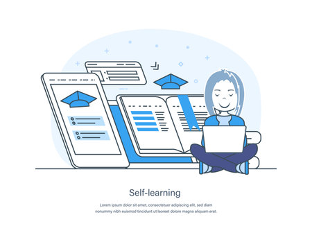 Self learning, self development, determination, movement to idea. Girl student learning online with laptop computer, distant learning and remote education thin line design of vector doodlesのイラスト素材