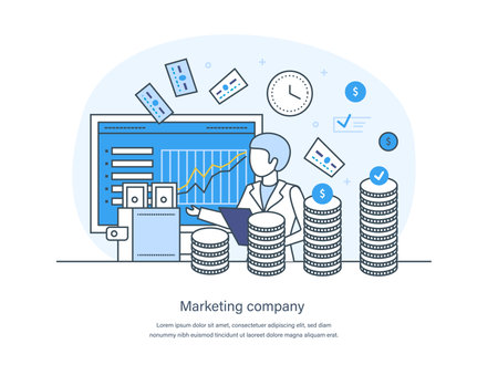 Marketing company, social media, customer service business strategy concept. Business analysis, digital marketing technologies, seo, content strategy and management thin line design of vector doodlesのイラスト素材