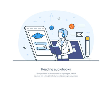 Reading audiobooks service, podcast, webinar, tutorial, educational course. Online audio book application, internet library. Woman in headphones listening to book thin line design of vector doodlesのイラスト素材