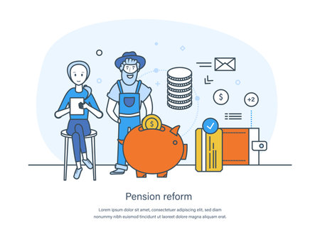 Pension reform, fund program, retirement investment and planning of future savings. Superannuation, retirement, senior life. People investing money in pension fund thin line design of vector doodlesのイラスト素材
