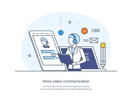 Voice video communication streaming technology, videoconferencing and online meeting. Application for video communication, chatting, calling online, watching video thin line design of vector doodlesのイラスト素材