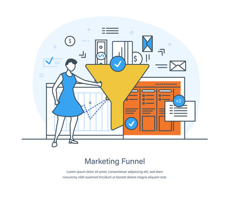 Business funnel process, digital marketing and e-business technology. Sales funnel management for efficiency optimizing, big data or sales marketing concept thin line design of vector doodlesのイラスト素材