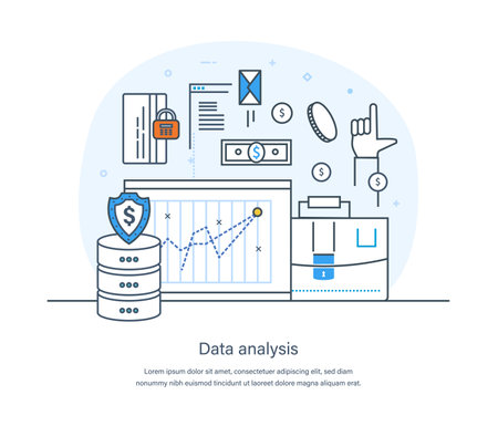Data analysis process of identifying business needs to goal achievement. Statistics, business analytics, planning and development, data visualization, statement thin line design of vector doodlesのイラスト素材