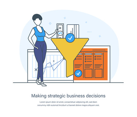 Making strategic business decisions process, tactical or strategy planning, data analysis for goal achievement. Mission, vision statement and values of business thin line design of vector doodlesのイラスト素材