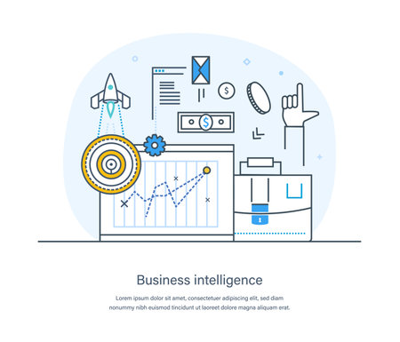 Business intelligence, data mining, analysis and modeling, machine learning, visualization, benchmarking. Cloud computing, management and database technologies thin line design of vector doodlesのイラスト素材
