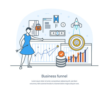 Business funnel process, digital marketing and e-business technology. Sales funnel management for efficiency optimizing, big data or sales marketing concept thin line design of vector doodlesのイラスト素材