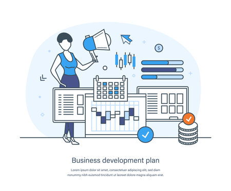 Business development plan, successful strategy and marketing. Businesswoman doing data analysis to reach goal or target, overcome obstacles, strategic planning thin line design of vector doodlesのイラスト素材