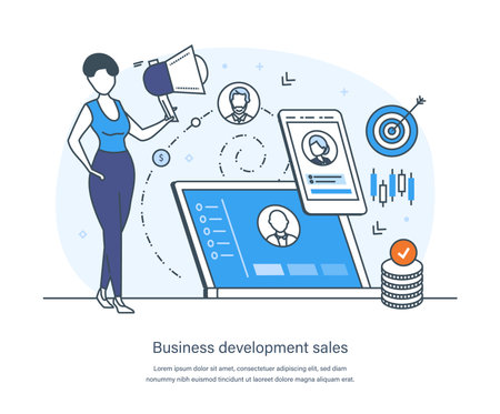 Business development sales, financial profit and investment growth, revenue, earnings increase, goal achievement. Successful business development strategy thin line design of vector doodlesのイラスト素材
