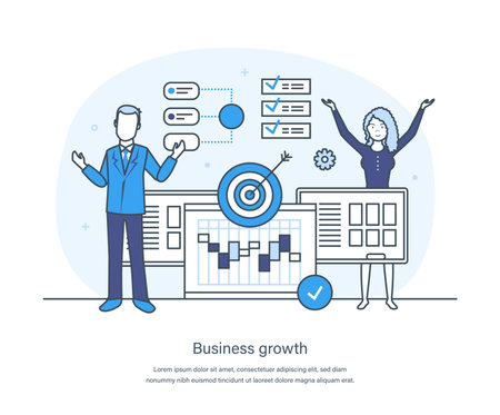 Business growth and activities to maintain the business process. Business mechanism, service, analytics, research, seo, digital marketing and communication thin line design of vector doodlesのイラスト素材