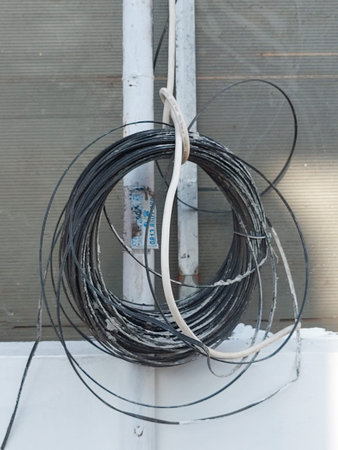 telephone cable reel hanging on the wall