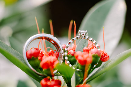 Amongst the vibrant red blossoms, the wedding ring rests, a symbol of enduring passion
