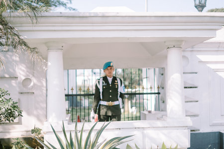 Bogor, Mei 26 2024. Guard post at Bogor City Presidential Palace, symbolizing vigilance and protection in the heart of the city's historic seat of powerのeditorial素材