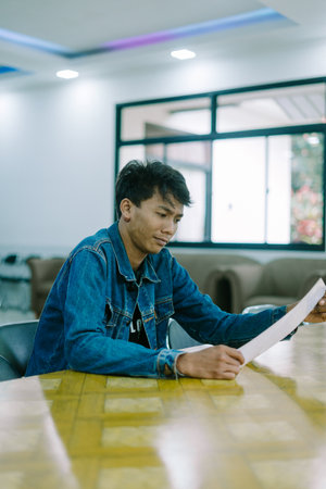 A Southeast Asian man sitting at a table with a piece of paper in front of him, pondering or working on a taskの写真素材