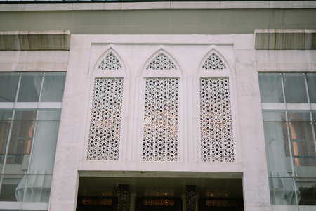 An outdoor mosque, with its open and inviting space, offers a serene setting for worship and reflection in a tranquil environmentのeditorial素材