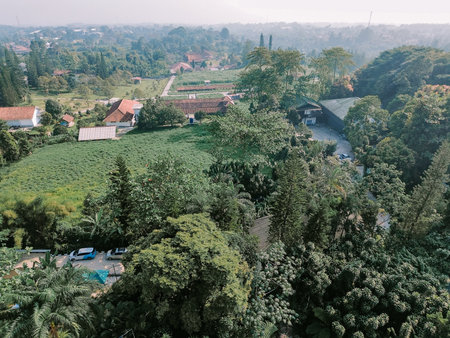A drone view of Mount Salak's foothills, showcasing several villas nestled below amidst thousands of large trees, capturing the natural beauty and serene landscape, perfect for aerial and nature projects.の写真素材