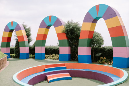 A colorful tourist attraction decorated with various shapes, including squares, circles, triangles, and more, creating a vibrant and playful atmosphere.の写真素材