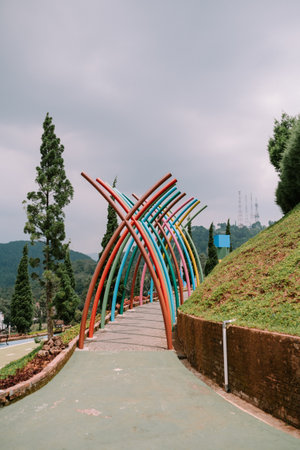 A colorful tourist attraction decorated with various shapes, including squares, circles, triangles, and more, creating a vibrant and playful atmosphere.の写真素材