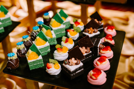 Hundreds of colorful, cute-shaped sweet pastries displayed on a table, ready to be served to guests.の写真素材