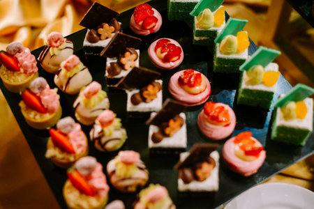 Hundreds of colorful, cute-shaped sweet pastries displayed on a table, ready to be served to guests.