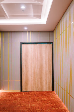 A luxurious corridor with a brown door at the end, showcasing elegant and sophisticated interior designの写真素材
