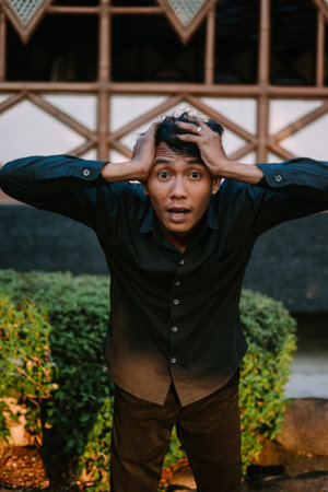 A Southeast Asian man holding his head with a surprised expressionの写真素材