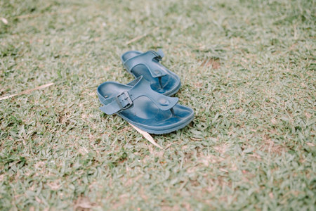 Flip-flops resting on a bed of lush green grass, capturing a relaxed, summer vibe. Perfect for themes of leisure, vacation, and outdoor living.の写真素材