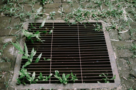 An iron drain cover with green grass and small plants growing around it, surrounded by damp,...