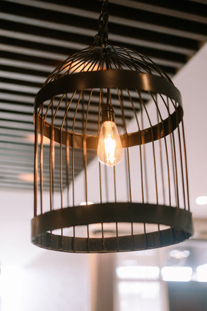 A unique birdcage-shaped lamp illuminates a modern interior.の写真素材