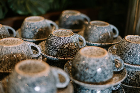 Stacked speckled teacups and saucers ready for service, creating a visually appealing pattern.の写真素材