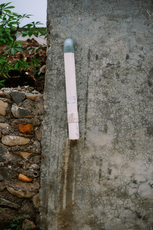 A gray pipe against a cracked concrete wall, next to a stone wall sectionの写真素材