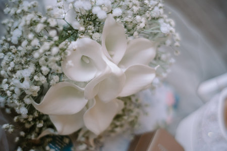 A graceful bridal bouquet showcasing elegant white calla lilies embraced by delicate baby's breath. Ideal for conveying romance, purity, and celebratory moments.の写真素材