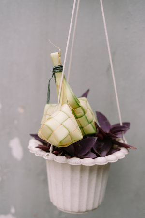 Ketupat, a diamond-shaped rice cake delicacy made from woven palm leaves, decoratively hangs in a pot with plant. This traditional dish is often served during Eid al-Fitr and symbolizes celebration.の写真素材