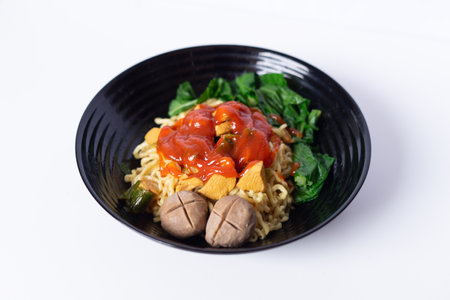 Indonesian comfort food. Mie ayam bakso, a flavorful noodle dish with chicken, meatball and greens, served in a black bowl.の写真素材